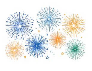 Fireworks burst in vibrant colors against a black background.  Circular patterns of sparks in blue, orange, and teal
