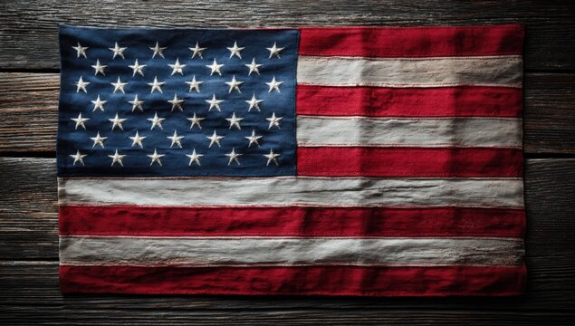 Worn American flag on dark wood - Powered by Adobe
