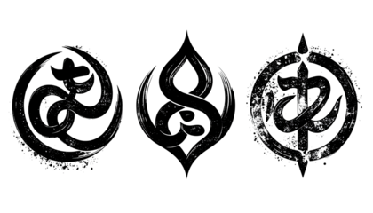 Three abstract circular forms, textured and speckled, against a black background