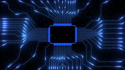 Circuit board with processor chip and digital network. Futuristic technology system and AI data concept. Abstract blue circuit board with glowing lines and central processor technology. - Powered by Adobe
