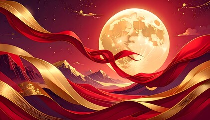 Golden Moon with Flowing Red Ribbons