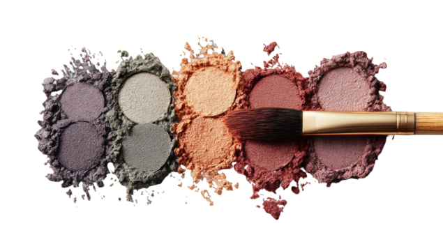 Crushed eyeshadows in muted tones, a makeup brush positioned above