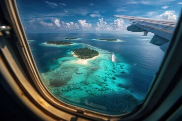 Fototapeta premium Aerial view of tropical islands from an airplane window