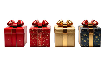 Four gift boxes, arranged in a row against a black background.  Each box is a different color and features a festive bow and a unique pattern