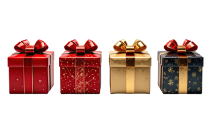 Four gift boxes, arranged in a row against a black background.  Each box is a different color and features a festive bow and a unique pattern