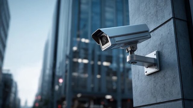 City Surveillance: A close-up shot of a security camera mounted on a sleek building, offering a watchful eye over the urban landscape.