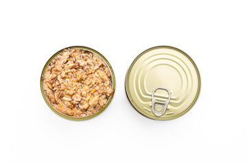 Canned tuna in brine isolated on white background