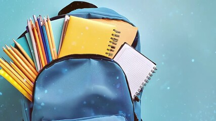 Video of a blue backpack with a bunch of school supplies including pencils, pens. Back to school concept - Powered by Adobe