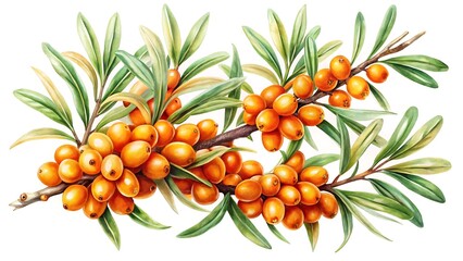 Watercolor illustration of sea buckthorn branches with bright orange berries and green leaves, isolated on white background