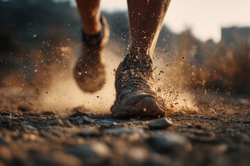 Close-up of running feet kicking up dust