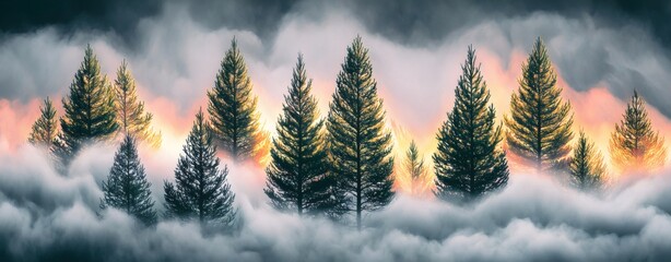 Obraz premium Enchanting Pine Forest in Mystical Fog at Sunrise – Calm Mood Visual for Fantasy Nature Storytelling