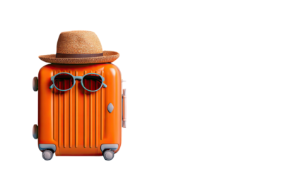 Orange suitcase with straw hat and sunglasses, ready for summer vacation