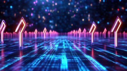 Futuristic blue digital graph with glowing lines and upward arrows over a dark grid background, symbolizing growth