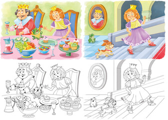The Frog Prince. Fairy tale. Illustration for children. Coloring page. Cute and funny cartoon characters