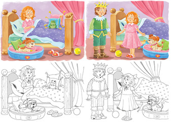 The Frog Prince. Fairy tale. Illustration for children. Coloring page. Cute and funny cartoon characters