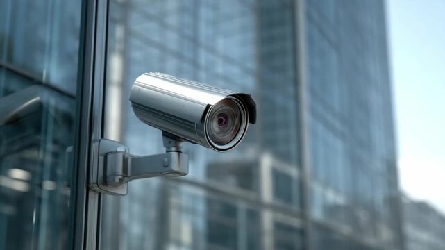 City Surveillance Sentinel: A high-definition security camera keeps watchful vigilance over a modern glass skyscraper, symbolizing urban safety and constant monitoring in a metropolitan setting.