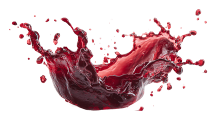 A dynamic splash of red liquid isolated on transparent background, capturing the essence of movement and vibrancy in a single, captivating moment