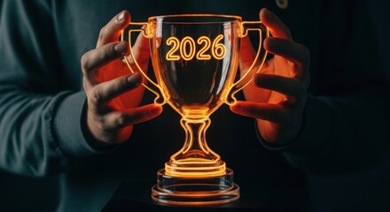 Person holding glowing trophy with the year 2026 illuminated in orange neon image
