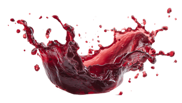 A dynamic splash of red liquid isolated on transparent background, capturing the essence of movement and vibrancy in a single, captivating moment