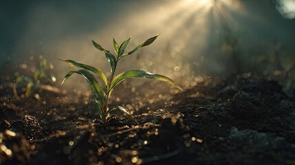 Young Foxtail millet tree growing in the fog