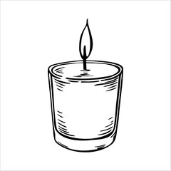 A simple, hand-drawn candle in a glass holder with a small flame. The design is minimalistic and monochrome, suitable for various decorative purposes.
