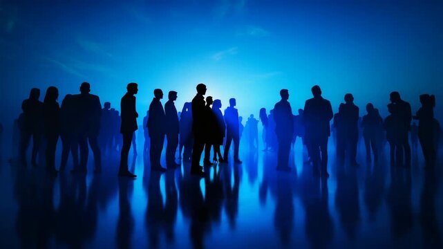 Shadows of people are spread across a glowing floor with many blue lines and lights.