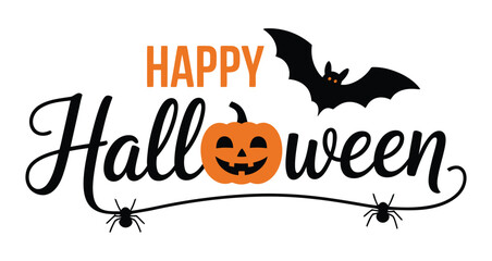 Fototapeta premium Happy Halloween text with pumpkin face in letter O, flying bat, hanging spiders, and bold black-orange typography for spooky celebration