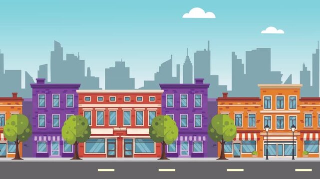 looping animation of a stylized city street with colorful buildings and a distant skyline. It can be used as a dynamic background