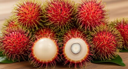 Close up of fresh rambutan fruits and one cut in half on wooden surface