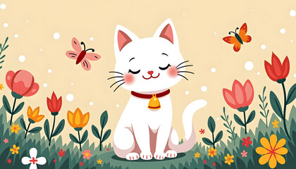 Cute white cat sitting peacefully in a colorful garden with butterflies and flowers.