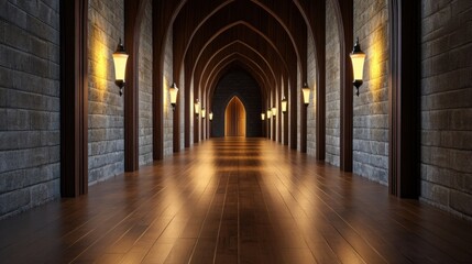 Fototapeta premium Grand, empty gothic corridor with dark wood and stone illuminated by low, ambient light.