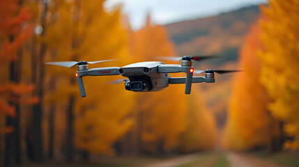 Drone flying above a colorful October forest