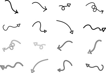 Collection of hand drawn scribbled arrows pointing in various directions