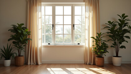 An indoor room with window and potted plants, capturing the beauty of nature indoors, bathed in natural light. Soft, warm tones create a serene and welcoming atmosphere