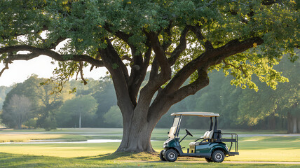 A golf cart sits under a large oak tree on a golf course on a sunny day in the countryside golf
