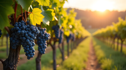 Scenic vineyard in harvest season October grapes hanging heavy
