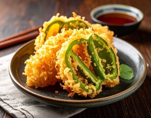 AI-generated illustration of tempura-fried jalapeno slices on a ceramic plate with a dipping sauce