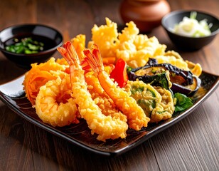 AI-generated illustration of assorted Japanese tempura with dipping sauce on a wooden table