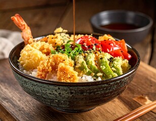 AI-generated illustration of a delicious bowl of tempura shrimp, rice, and vegetables