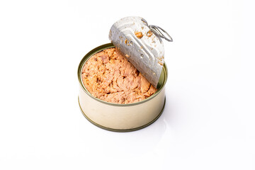 Canned tuna in brine isolated on white background