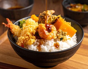 AI-generated illustration of a delicious bowl of tempura shrimp, rice, and vegetables