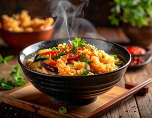 AI-generated illustration of a bowl of Asian noodles with crispy shrimp and colorful vegetables