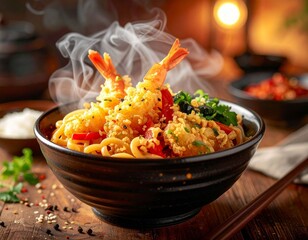 AI-generated illustration of a steaming bowl of shrimp tempura udon noodles.
