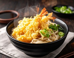 AI-generated illustration of a steaming bowl of shrimp tempura udon noodles.
