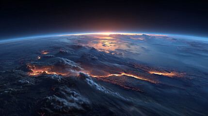 Naklejka premium Earth from space sunrise glowing volcanic landscape