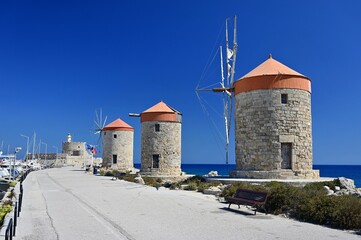 Rhodes windmills. Beautiful concept for travel and vacation in Greece.