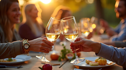 Wine glasses clinking at an outdoor October dinner party