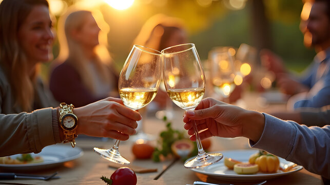 Wine glasses clinking at an outdoor October dinner party