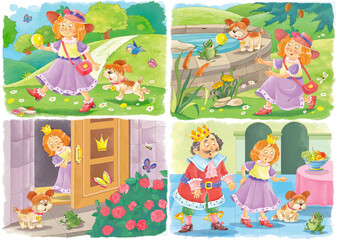 The Frog Prince. Fairy tale. Illustration for children. Coloring page. Cute and funny cartoon characters