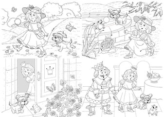 The Frog Prince. Fairy tale. Illustration for children. Coloring page. Cute and funny cartoon characters